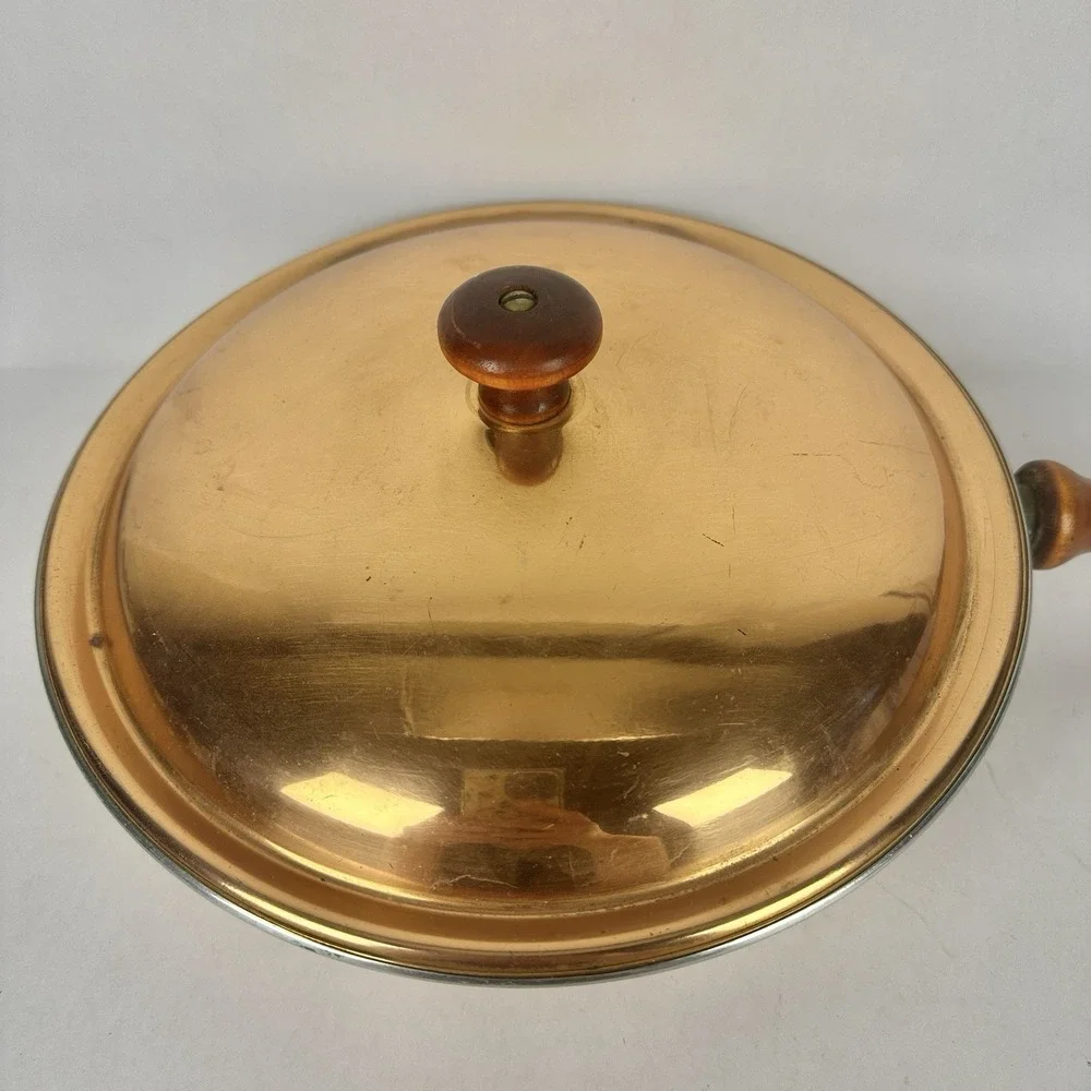 Vintage Copper Skillet Sauté Pan with Lid Brass Wood Handle